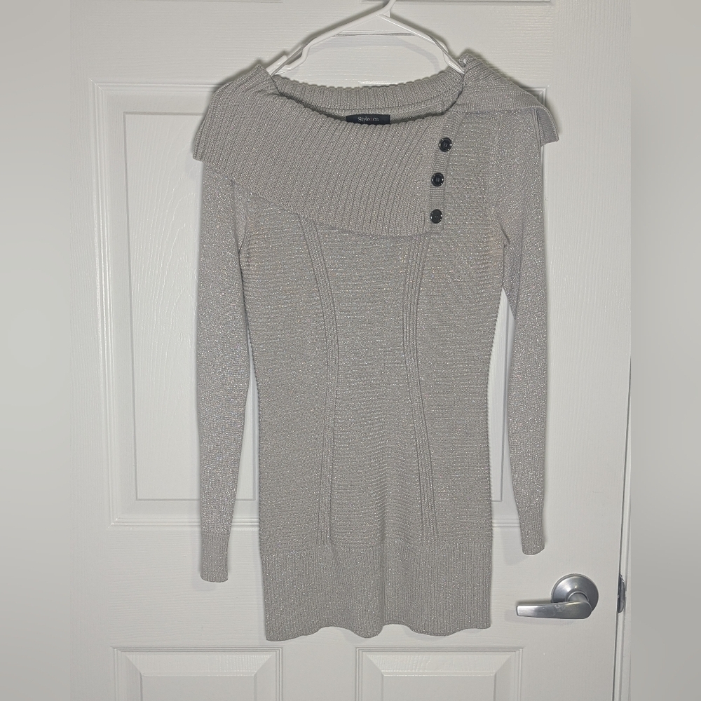 Style & Co Metallic Knit Off Shoulder Sweater Dress | Size Small